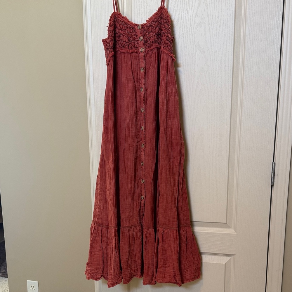 Rust Red Button-Front Maxi Dress with Smocked Bodice